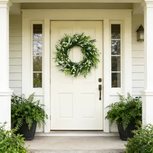 Spring greenery wreath with white flowers hanging on a classic white front door.
