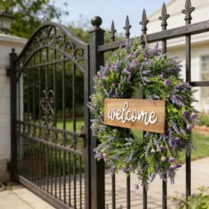 Close-up of lavender wreath with wooden welcome sign hanging on a black iron gate.