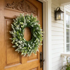 Artificial spring wreath with white flowers hanging on a classic wooden door decoration.
