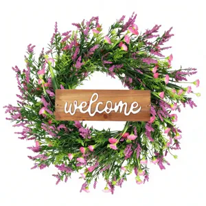 Artificial Lavender Wreath With Welcome Wood Sign Spring Farmhouse Decorative Floral Garland For Front Door Wall Home Office Decor