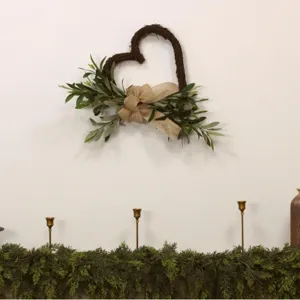 Artificial Olive Branch Wreath Heart Shaped Front Door Hanging Decoration Rustic Burlap Bow Farmhouse Style Home Decor