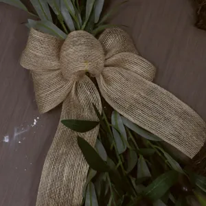 Artificial olive branch wreath with a rustic burlap bow for spring summer front door decor
