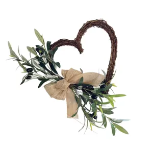 Heart-shaped twig wreath with artificial olive branches and burlap bow for home decor
