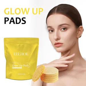 Detail view of EELHOE turmeric cleansing pads and round facial sponges for skin care.