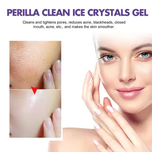 Détail de gel de cristaux de glace nettoyant périlla montrant l'efficacité des pores.