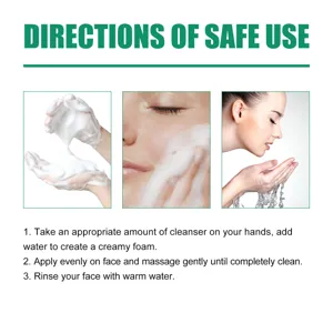 Graphique d'instruction détaillé montrant l'utilisation étape par étape du nettoyant pour le visage.