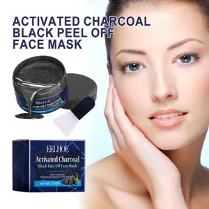 Vista detallada de la mascarilla peel-off de carbón activo EELHOE con tarro y pincel aplicador.