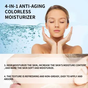Hydratant facial anti-âge incolore 4 en 1, hydrate profondément, texture légère et absorption rapide.