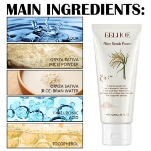 Detailed view of EELHOE rice scrub foam cleanser highlighting main natural ingredients and 100ml.