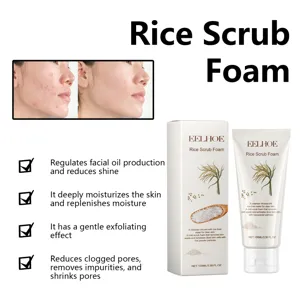 Rice scrub foam detail showing skin cleansing effect and product packaging features.