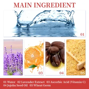 Vista dettagliata degli ingredienti principali del siero viso con acqua lavanda vitamina C