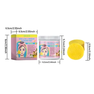 Detailed product dimensions and packaging view of turmeric kojic acid cleansing pads.