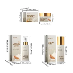 Wild yam skin care set size details, featuring facial cream, lotion and toner packaging.