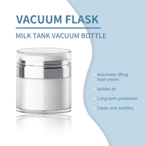 Dettaglio vasetto crema vuoto acrilico, flacone pompa airless, tappo trasparente viaggio cosmetico.