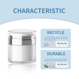 Dettaglio del barattolo cosmetico sottovuoto in acrilico con pompa e design trasparente resistente.