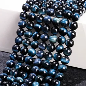 Perline Sciolte Tonde in Occhio di Tigre Blu Naturale per Creazione Gioielli DIY Pietra Naturale Liscia Lucida Occhio di Tigre Filo per Bracciali Collane