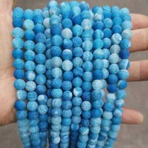 Blue weathered crackle agate beads for DIY jewelry making loose strand accessories.