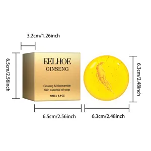 Vue détaillée de la boîte de savon à l'huile de ginseng et du savon rond avec mesures.