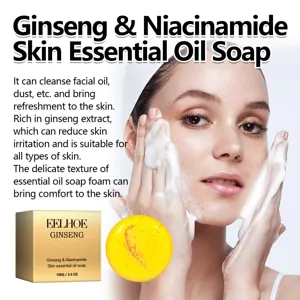 Savon visage ginseng niacinamide détail, enrichi en extrait végétal pour un nettoyage doux.