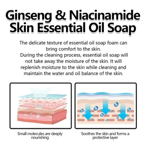 Savon visage au ginseng et niacinamide, infographie détaillée aux bienfaits hydratants et apaisants.