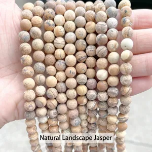 Macro detail view of matte natural landscape stone beads for DIY jewelry making