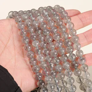 Cuentas redondas de cuarzo fresa negro natural para la creación de joyería DIY