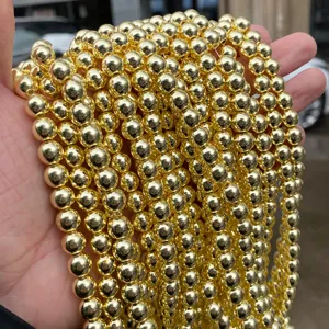 Electroplated Gold Hematite Round Beads Mirror Luster Metallic Loose Stone Beads For DIY Jewelry Making Bracelet Necklace Accessories