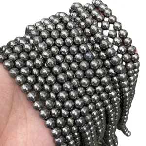 Hilos de cuentas redondas de pirita natural metálica para la creación de joyas DIY