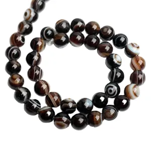 Natural 8mm black banded agate round beads with unique eye patterns for DIY jewelry