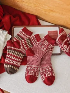 Fair Isle winter vintage wool mid-calf socks red Christmas cozy thermal socks detail