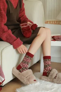 Fair Isle wool mid-calf socks for women, vintage retro winter cozy red winter socks.