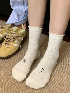 Bow lace ruffle mesh mid-calf socks spring summer breathable thin Japanese style sweet cute