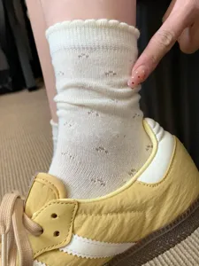 Mesh hollow mid-calf socks for women, breathable thin sweet Japanese style cute floral design.