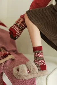 Retro Fair Isle knit wool mid tube socks with cozy plush slippers for autumn and winter daily wear.