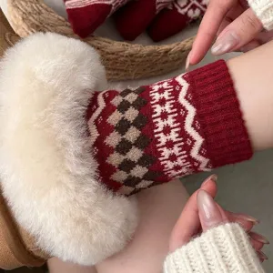 Women Vintage Fair Isle Wool Mid Tube Socks Winter Warm Thickened Thermal Knit Casual Crew Socks Red Stocking