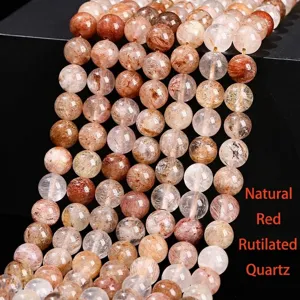 Natural Red Rutilated Quartz Loose Beads Round Polished Crystal Gemstone Strand For DIY Jewelry Making Bracelet Necklace Accessories