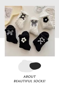 Cozy thick coral fleece socks for women, winter warm home floor socks with cute bows and flowers.