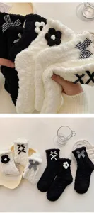 Cozy plush fuzzy winter socks with cute bows and flower decor, thick warm sleep socks.
