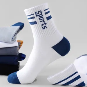 White athletic crew socks for men featuring blue stripes and sports text for running and sports.