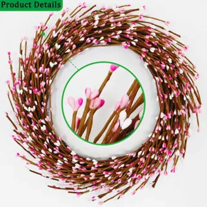 Detail view of heart-shaped pink and white buds on decorative wreath
