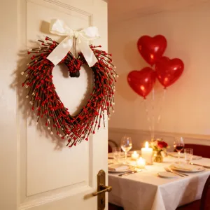 Heart-shaped red berry wreath with a large white bow hanging on a door for home decor