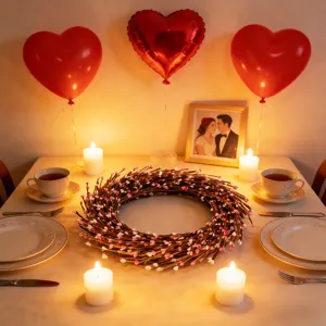 Romantic pink floral wreath centerpiece on a dinner table with candles and heart balloons