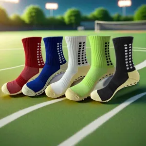 Detailed view of professional athletic grip soccer socks with thick towel bottom and grip dots.