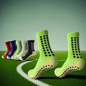 Adult professional mid-tube football socks with anti-slip grip and thickened cushion sole for match training.