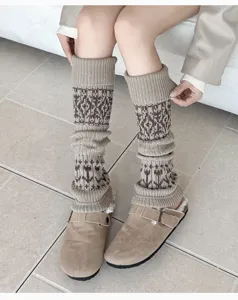 Scaldagambe in maglia Fair Isle per donna, calze slouch autunno inverno vintage morbide e calde.