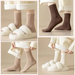 Damen Winter Verdickte Warme Wolle Zopfmuster Wadenlange Socken Weich Kuschelig Einfarbig Thermische Lässige Schlaf Socken