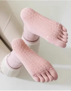 Women pink five toe yoga socks anti slip silicone fitness pilates mid calf cute socks