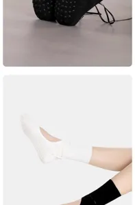 Detail shot of ballet style yoga socks with grip soles and elegant straps for pilates workouts.