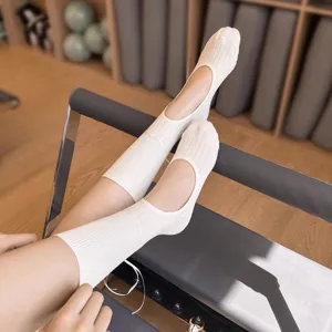 White ballet pilates yoga socks for women, anti-slip ribbed mid-tube cotton workout socks.