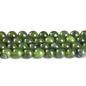Natural Canadian Nephrite Jade round beads for jewelry making, polished green stones.